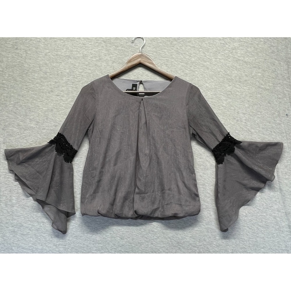 BCX Metallic Chiffon Blouse Womens XS Gray Bell Sleeve Crochet Trim Bubble Hem